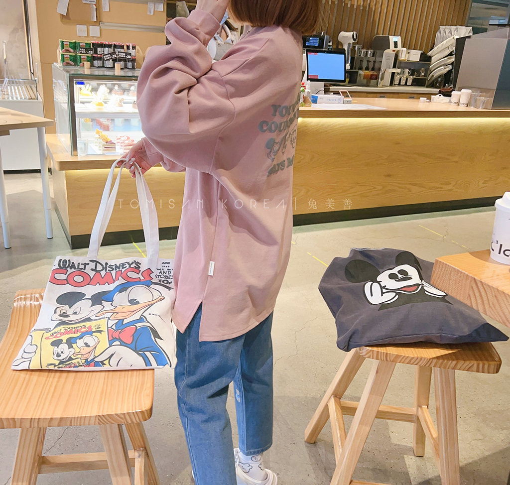 兔美善韩国代购女装 23春季新 前后背刺绣字母卡通粉色T恤