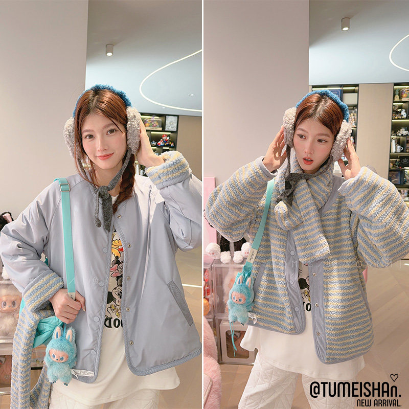 兔美善韩国代购女装25冬季 正反两穿素雅浅条纹羊羔毛外套+围脖