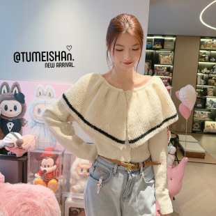 兔美善韩国代购女装 冬季  洋气披肩大翻领温柔暖色针织短毛衣