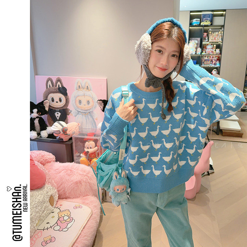 兔美善韩国代购女装25冬季 可爱织花小鸭子圆领减龄休闲毛衣,女装/女士精品,毛衣,淘宝优惠券,粉丝福利购,淘宝优惠卷