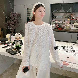 纯欲白色复古花纹半透视圆领蕾丝毛衣 25早秋 兔美善韩国代购 女装