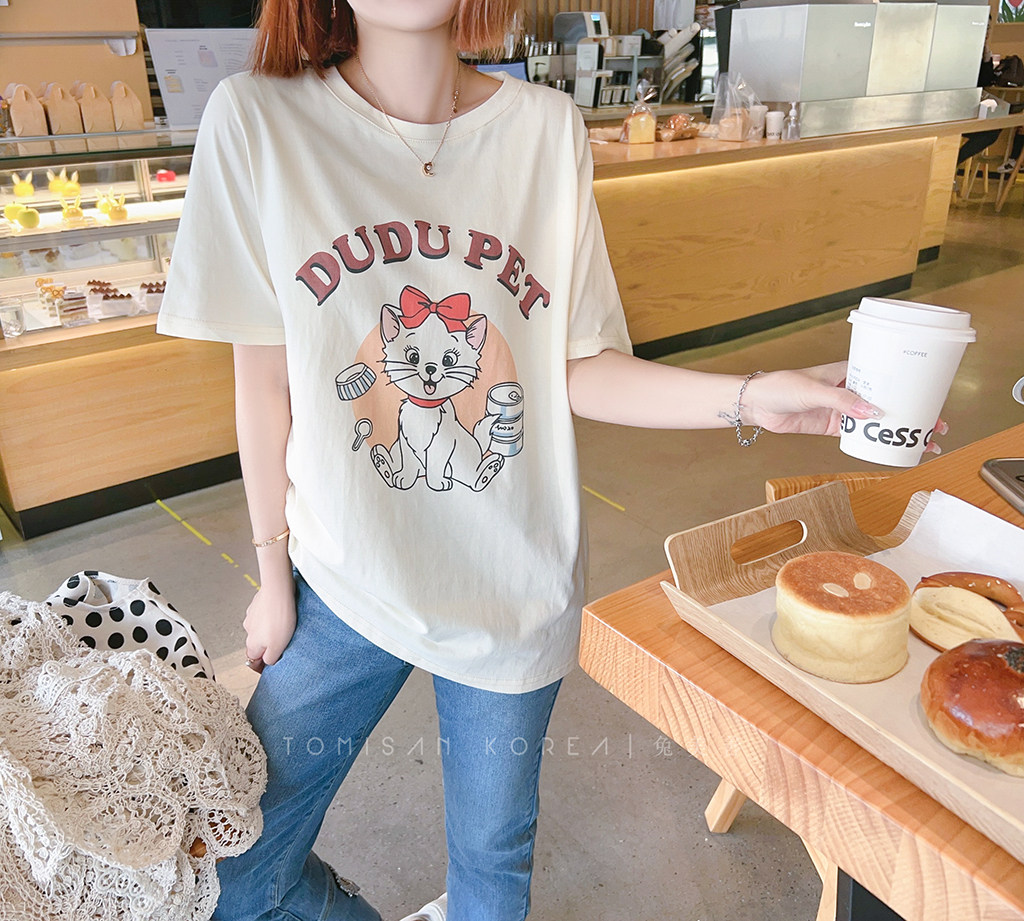 兔美善韩国代购女装23春夏新 可爱甜美蝴蝶结猫咪印花短袖T恤