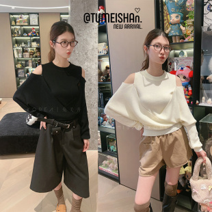 女装 洋气针织衫 25早秋 露肩假两件修身 时尚 兔美善韩国代购