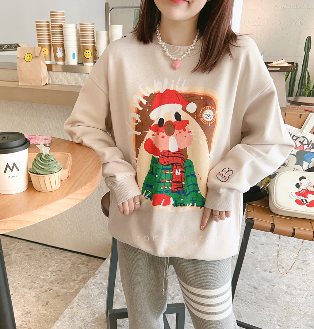 兔美善韩国代购女装24春新 可爱圣诞帽兔八哥单袖刺绣减龄卫衣