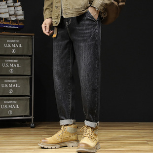 潮 男胖子宽松复古微锥长裤 300斤可穿秋冬大码 粗腿显瘦直筒牛仔裤