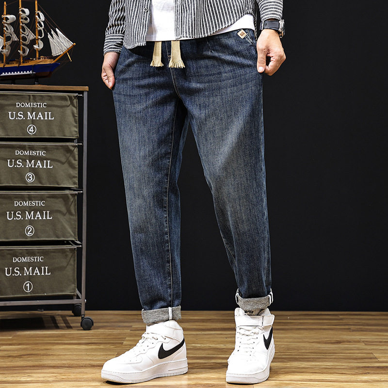 2025新款抽绳松紧腰牛仔裤大码男士复古百搭宽松弹力小脚休闲长裤