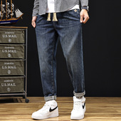 抽绳松紧腰牛仔裤 大码 男士 2025新款 复古百搭宽松弹力小脚休闲长裤