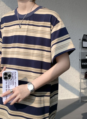 6XL-M 美式复古条纹正肩短袖t恤男小众半袖打底情侣t恤 DX350-P33