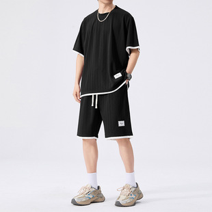 肌理感短袖 两件装 套装 T恤五分裤 胖子假两件 男夏320斤冰感短袖 大码
