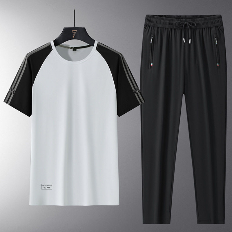 胖哥夏季跑步运动服套装冰丝速干休闲加肥加大码圆领短袖t恤长裤