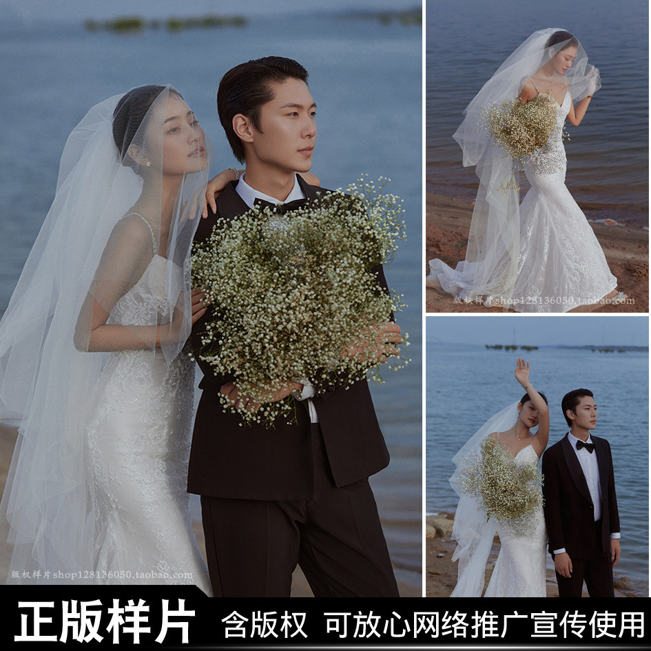 海景婚纱照新样片影楼展会外景白纱旅拍河景水边礁石客样照片