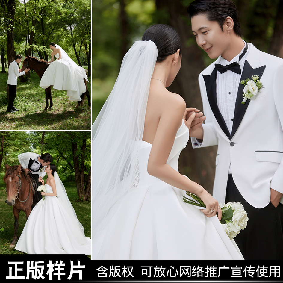 2025年影楼婚纱照新样片展会外景草坪白纱树林森系马场草地客样片