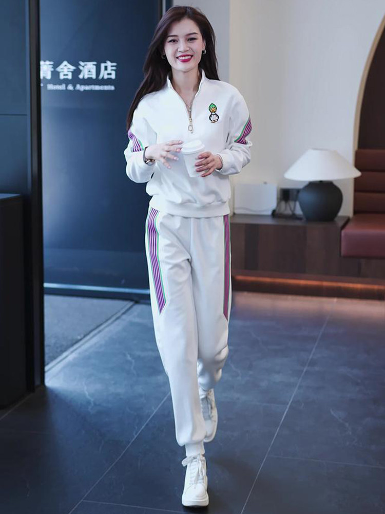 2024 새로운 가을 느슨한 캐주얼 스탠드 칼라 스웨터 운동복 정장 여성의 세련되고 세련된 투피스 세트