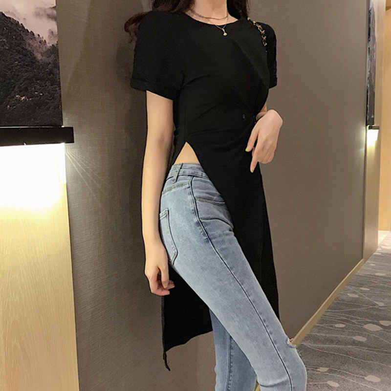 T恤短袖长款女夏新款大码侧开叉设计感上衣纯棉中长款不规则t恤女