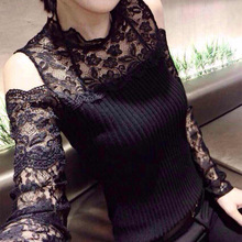 黑色蕾丝衫打底衫女欧洲站修身立领新款秋冬长袖百搭露肩上衣T恤