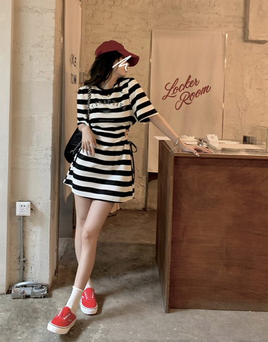 Real price ~ Korean fashion letter print stripe scheming hollowed out waist revealing thin dress