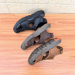 休闲百搭魔术贴户外沙滩鞋 男头层牛皮轻便夏季 厚底 包头凉鞋 新款