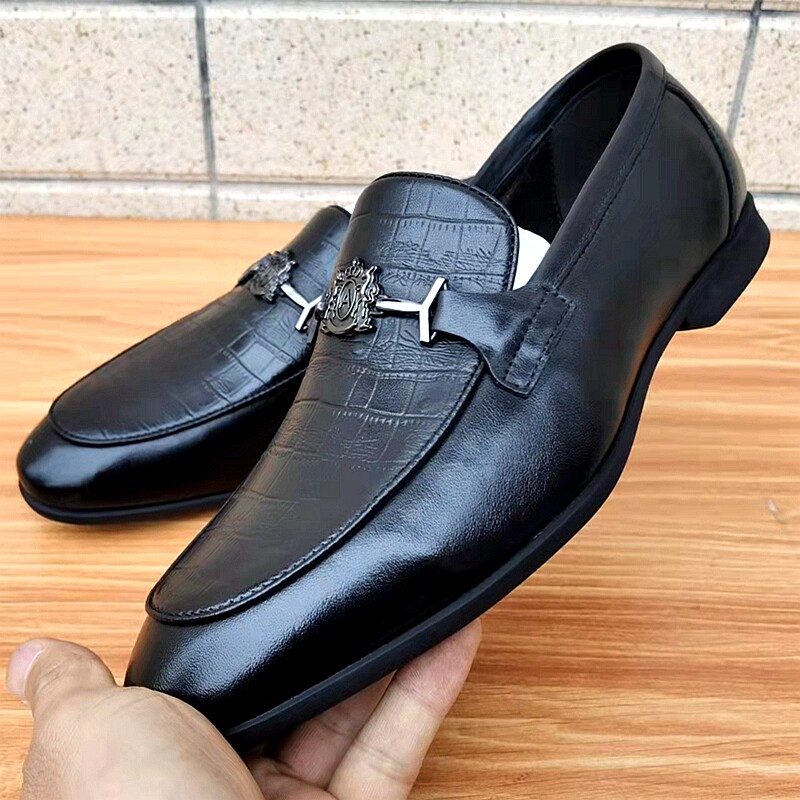 稀缺外贸乐福鞋男单头层牛皮尖头皮鞋一脚蹬休闲豆豆鞋真皮马衔扣