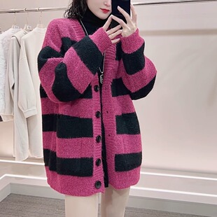 羊毛混纺加厚外套韩版V领撞色条纹毛衣开衫女中长款简约百搭宽松