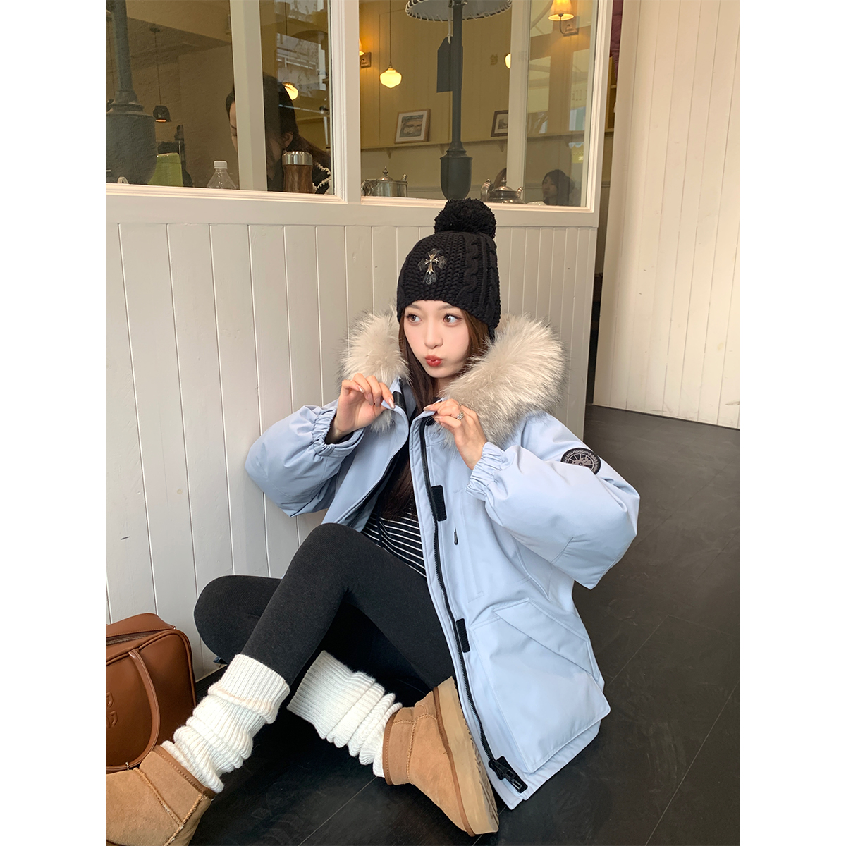 sieyiu90白鸭绒蓝色羽绒服女保暖大毛领连帽机能三防派克服外套冬