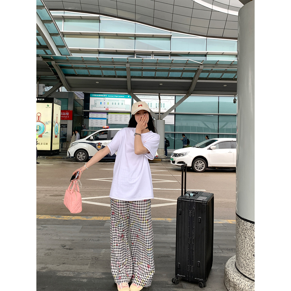 sieyiu 黑白涂鸦格子休闲裤女春夏松紧腰宽松显瘦直筒阔腿长裤子