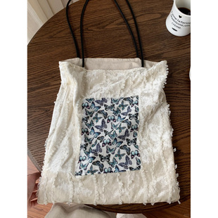 蝴蝶白条小碎花明星宋茜同款大容量帆布包通勤百搭单肩腋下托特包