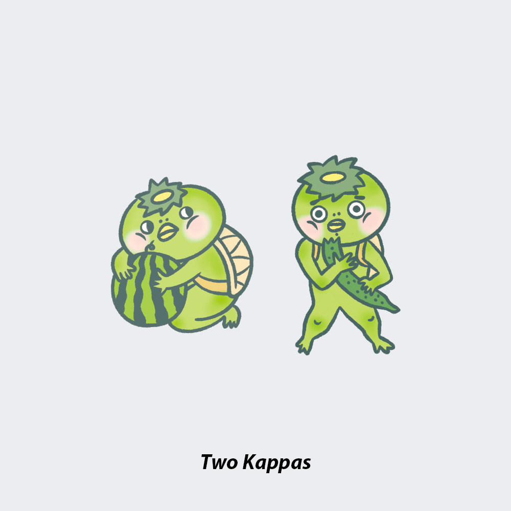 neuf弗原创防水纹身贴《两只河童》绿色啃黄瓜胖子吃西瓜可爱妖怪