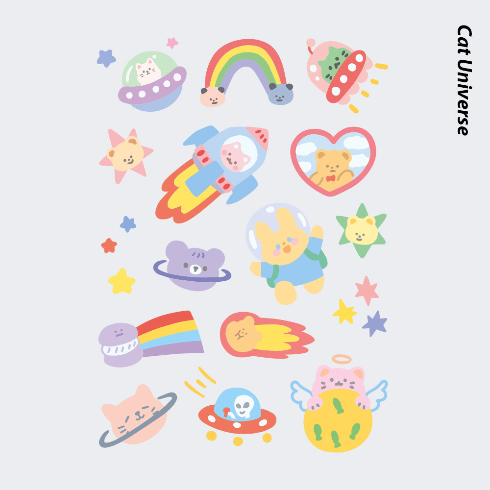 neuf弗创意纹身贴《猫咪宇宙》小猫小熊飞碟星球彩虹星星甜美梦幻
