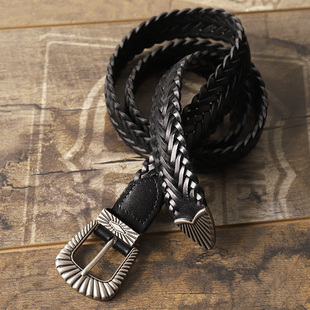 皮轩阁手工编织头层牛皮腰带西部牛仔风男士窄皮带真皮古银色针扣