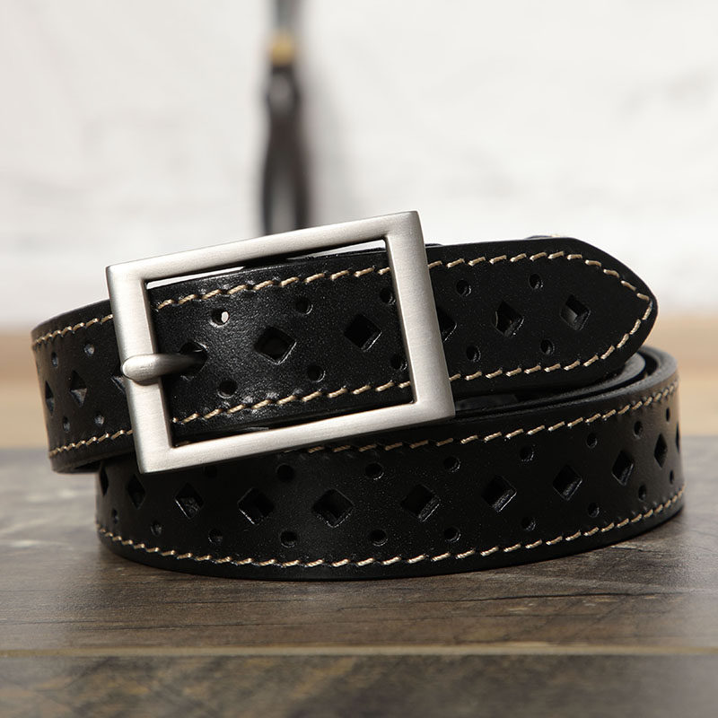 简约免打孔镂空女士纯牛皮皮带复古白色方扣真皮女腰带牛仔裤百搭