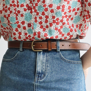 手工复古女士棕色软皮牛仔裤 百搭皮带女夏头层牛皮真皮腰带ins风