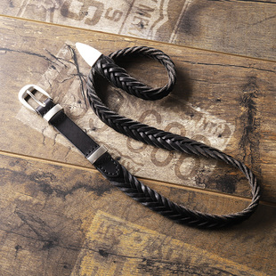 皮轩阁手工头层牛皮编织重金属扣设计款窄腰带软牛皮做旧针扣皮带