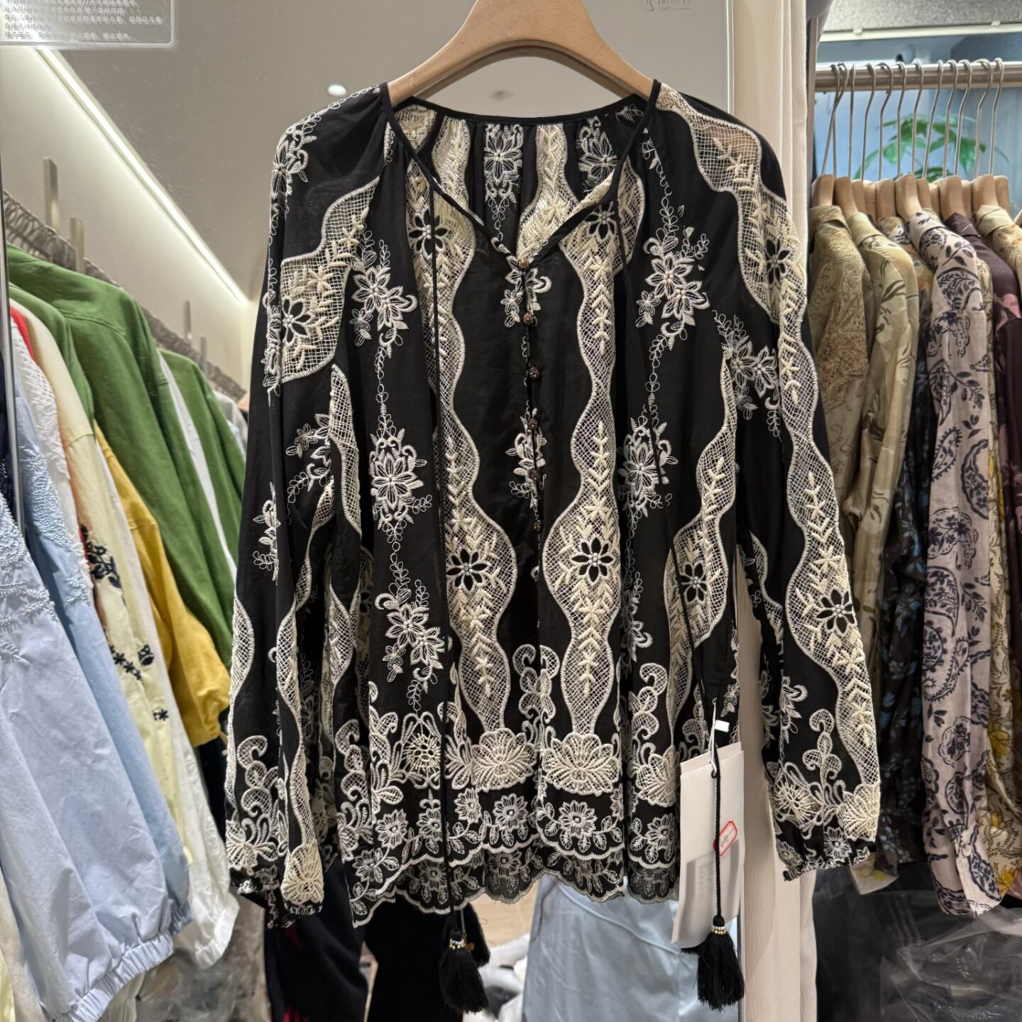 复古水墨风印花系绳全棉木耳边衬衫女2026春款宽松显瘦气质上衣潮