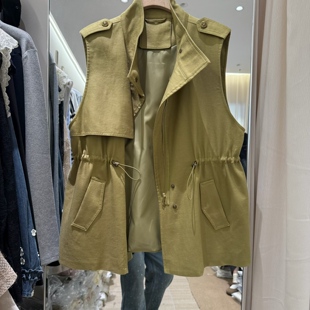 莱赛尔亚麻亲肤透气立领抽绳收腰马夹女2026春款时尚百搭减龄外套