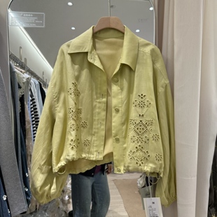 莱赛尔亚麻亲肤透气镂空刺绣短外套女2026春立领时尚减龄夹克上衣