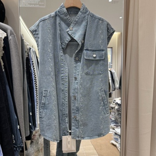 韩版刺绣提花牛仔马夹女2026春款无袖翻领百搭显瘦减龄街头外套潮