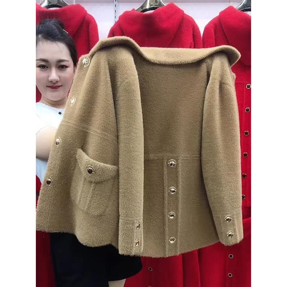 秋冬新款水貂绒女短款外套针织开衫连帽宽松妈妈装外搭加厚上衣