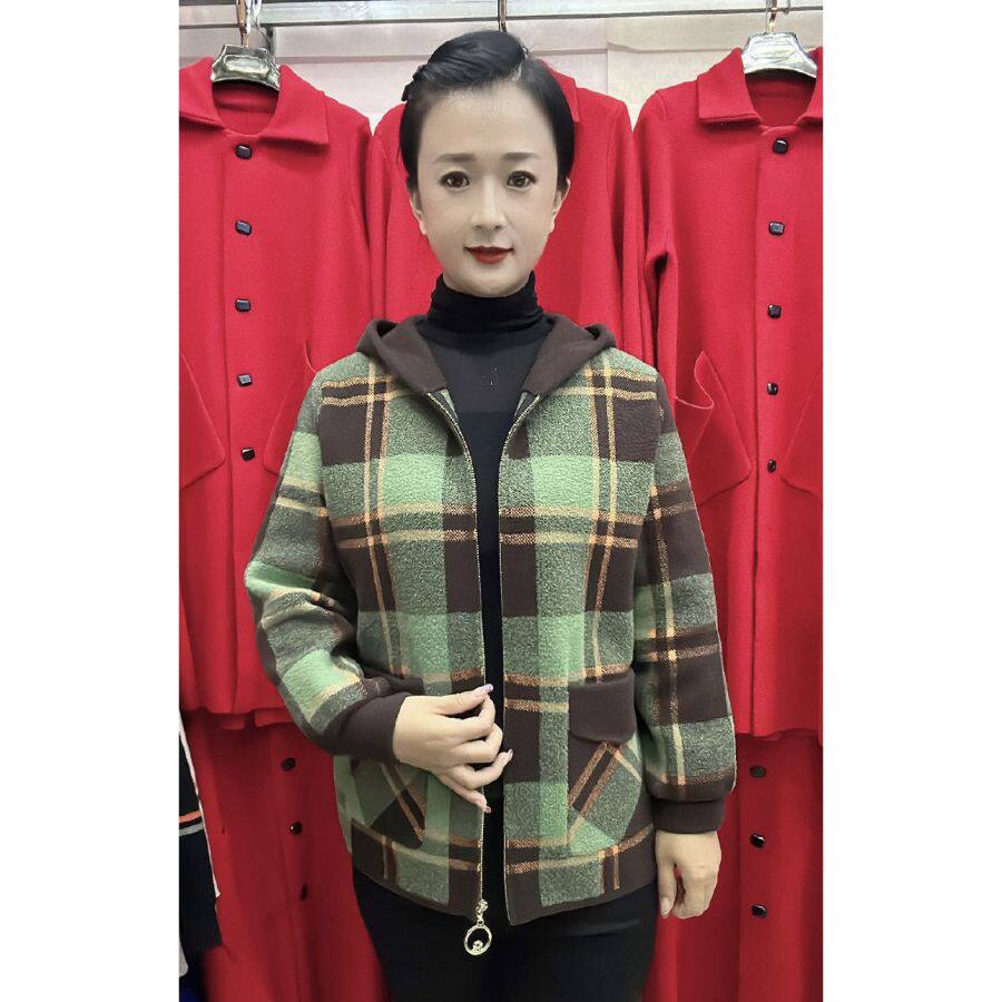 2025秋冬新款拼色休闲连帽拉链通勤短款连帽格子长袖女装开衫外套