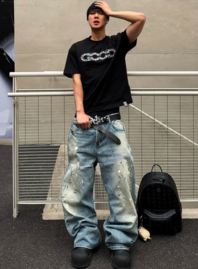 BLOOD RULE夏季泼墨直筒cleanfit水洗牛仔裤美式复古松弛阔腿男女