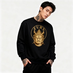 潮牌原创怒目金刚印花新款情侣佛家文化圆领棉卫衣T恤男女春秋款