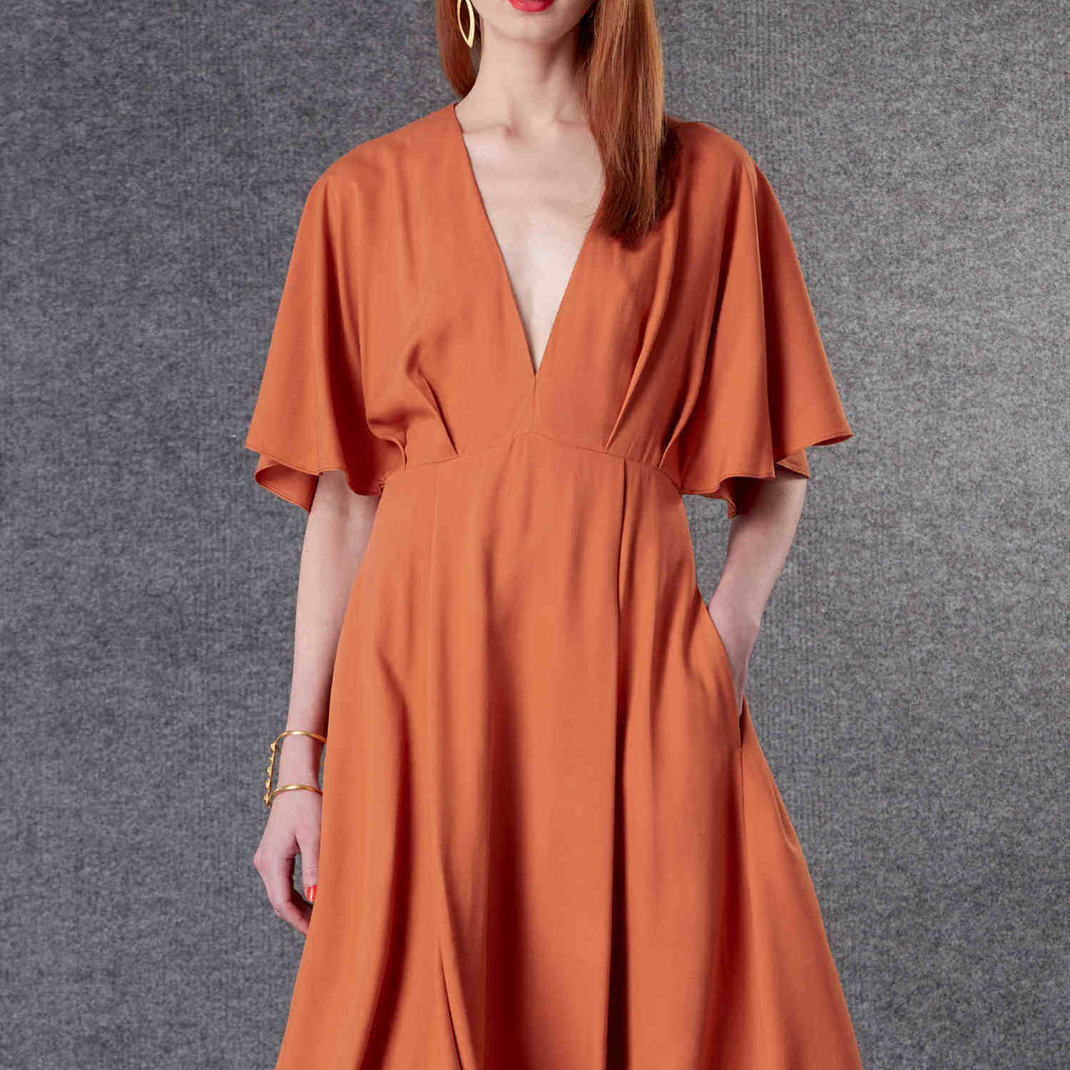 橘红V领真丝绒礼服连衣裙欧美性感定制做party tailored dresses
