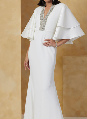 白色真丝毛缎荷叶袖礼服连衣裙欧美定制做party tailored dresses