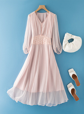 女装真丝连衣裙OL气质通勤桑蚕丝沙滩长裙81075定制