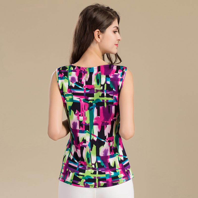 夏季新款真丝印花荡领无袖背心桑