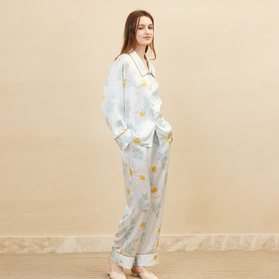 真丝睡衣小雏菊印花长袖长裤套装