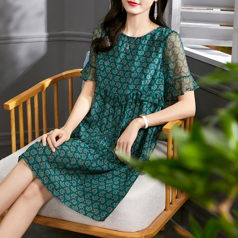 圆领气质宽松木耳花边印花荷叶五