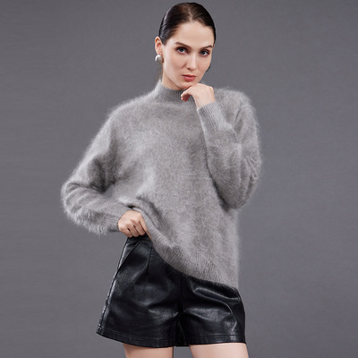 纯山羊绒拉毛羊绒衫女半高领长袖