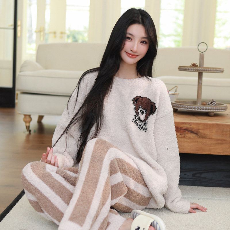 秋冬季半边绒睡衣女加厚加绒可爱小熊可爱卡通套头保暖家居服套装