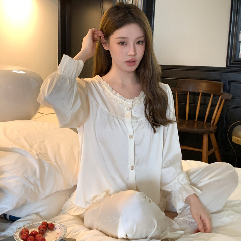 法式睡衣女士2025春秋季新款蕾丝花边可爱甜美冰丝家居服可外穿