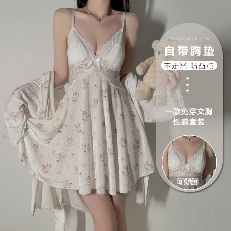 可爱猫咪印花丝绒蕾丝拼接加胸垫吊带睡裙外袍家居服套装2026,运动服/休闲服装,运动内衣套装,淘宝优惠券,粉丝福利购,淘宝优惠卷